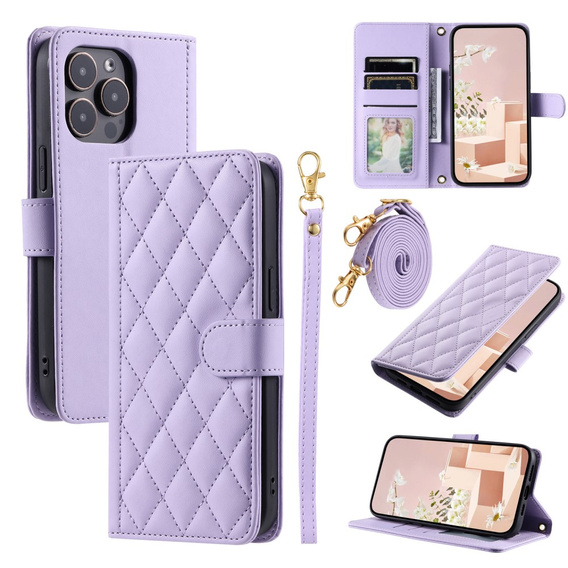 Flip case for iPhone 16 Pro, Rhombus Crossbody Leather, purple
