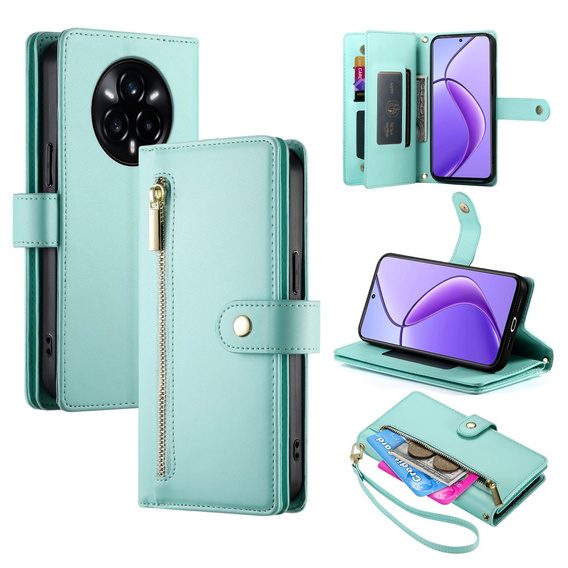 Flip case for Realme 14 Pro+ 5G, Wallet Zipper Pocket, mint