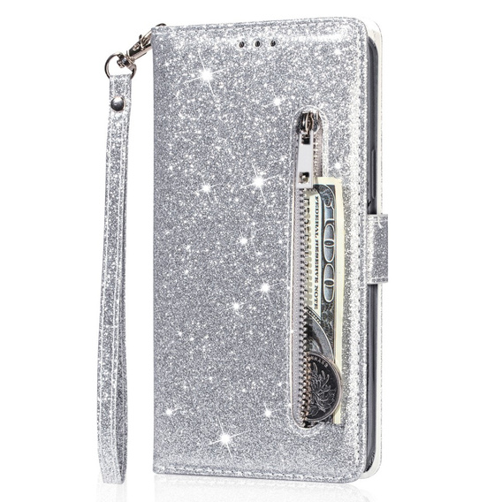 Flip case for Samsung Galaxy A36 5G, Wallet Zipper Pocket Glittery, silver