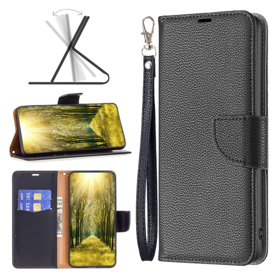 Flip case for Samsung Galaxy A25 5G, Wallet Litchi Leather, black + 9H glass