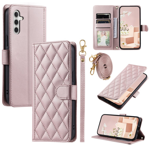 Flip case for Samsung Galaxy S25, Rhombus Crossbody Leather, pink rose gold