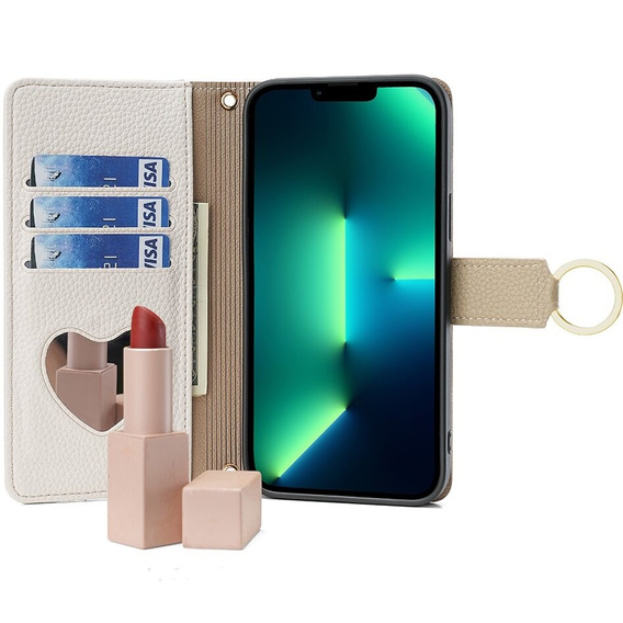 Flip case for iPhone 15 Pro Max, Wallet Zipper Pocket, with mirror, white