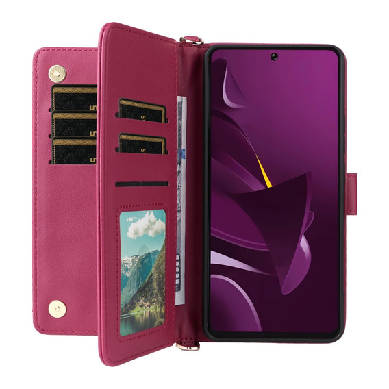 Crossbody Leather Wallet flip case for Xiaomi Poco M7 Pro 5G, maroon