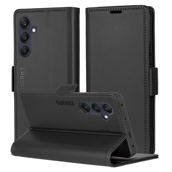 Case for Samsung Galaxy A16, ERBORD Glossy Litchi, wallet with flap, black