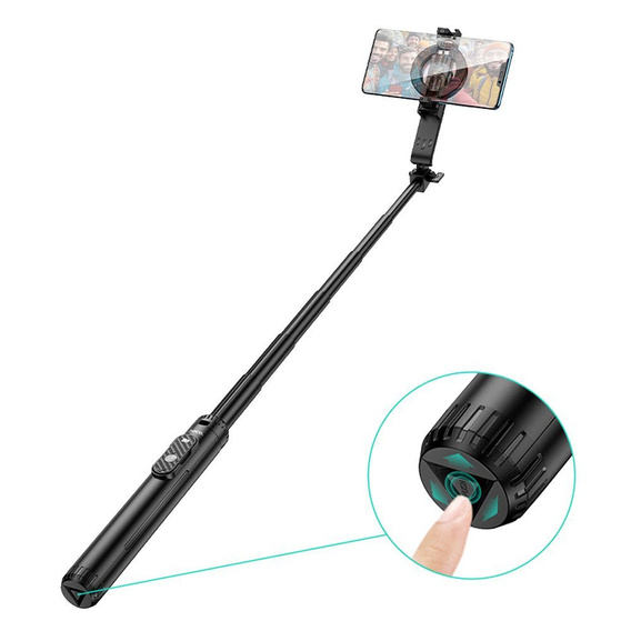 Selfie stick with wireless remote control and magnetic mount