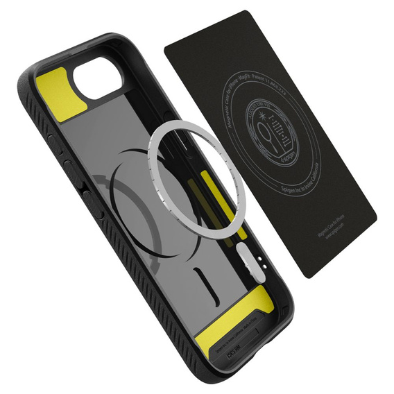 Spigen case for iPhone 16E, Rugged Armor MagSafe, black + Tempered Glass 9H