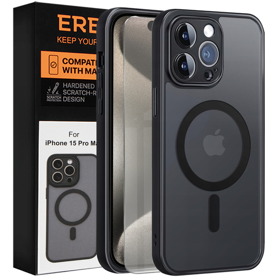 Case for iPhone 15 Pro Max, for MagSafe, ERBORD Matt Case, black + Screen Glass