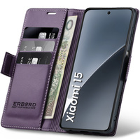 Case for Xiaomi 15, ERBORD Glossy Litchi, wallet with flap, purple