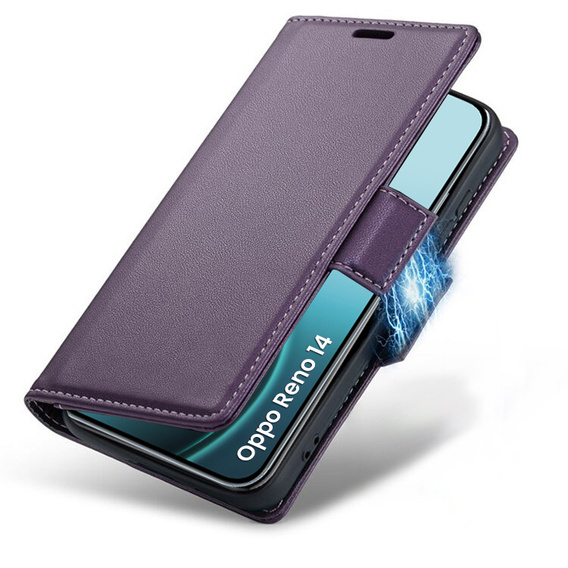 Case for Oppo Reno 14, ERBORD Glossy Litchi, wallet with flap, purple