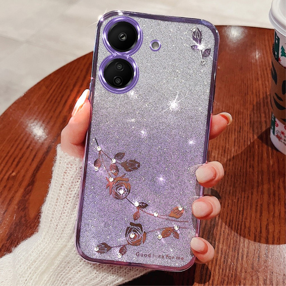 Case for Xiaomi Redmi 13C / Poco C65, Glitter Flower, purple