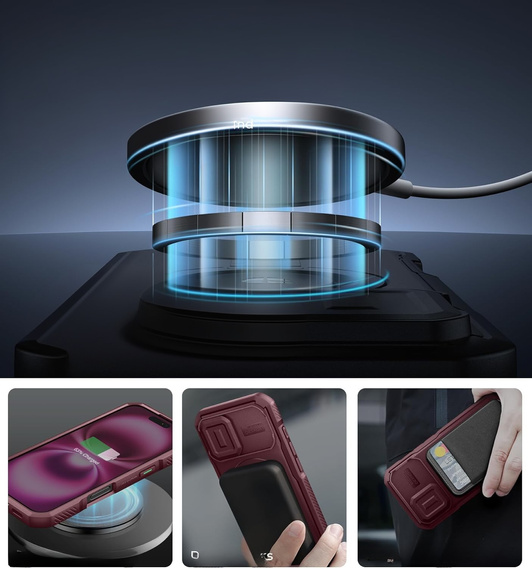 Armored case for iPhone 16, Dexnor CamProtect MagSafe, maroon
