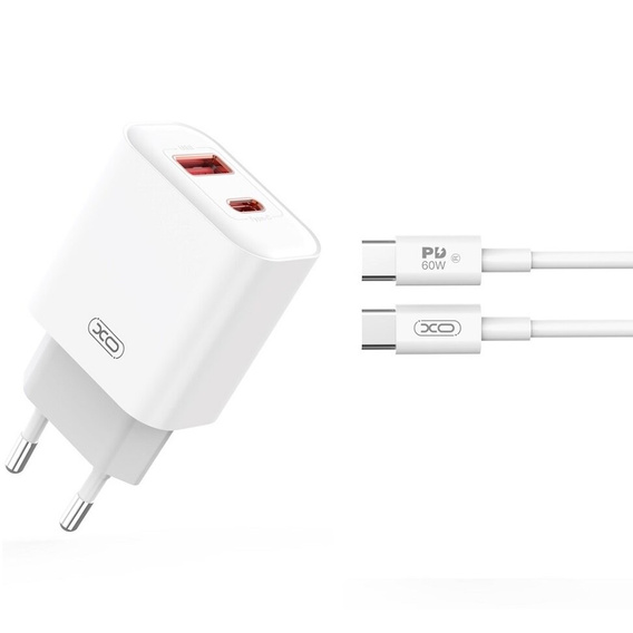 XO CE12 Power charger, USB-C, 20W + USB-C - Lightning cable, White