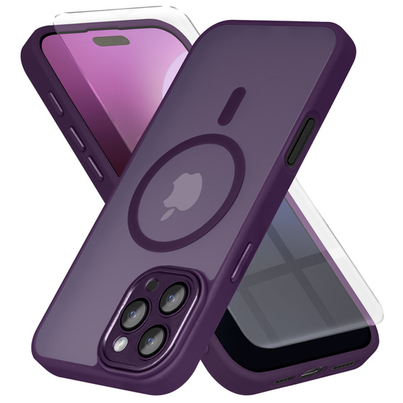 Case for iPhone 16 Pro, for MagSafe, ERBORD Matt Case, dark purple + Screen Glass