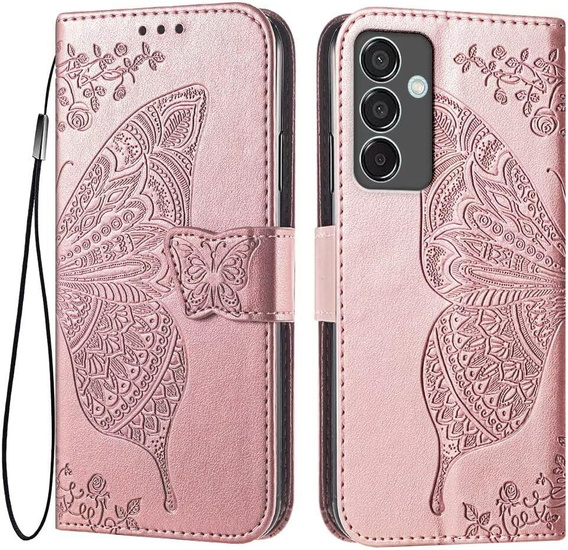 Flip case for Samsung Galaxy M55 5G, Butterfly, pink rose gold
