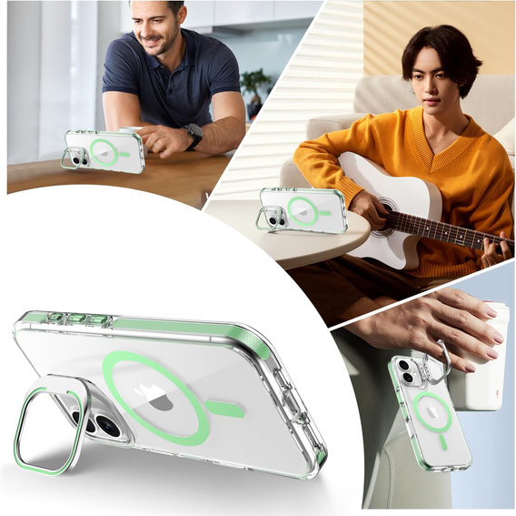 Case for iPhone 17, for MagSafe, with stand, transparent with green inserts