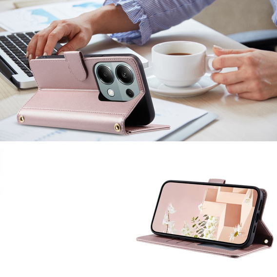 Flip case for Xiaomi Redmi Note 13 Pro 4G / Xiaomi Redmi Note 14S / Xiaomi Poco M6 Pro 4G, Rhombus Crossbody Leather, pink rose gold