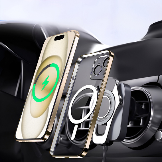 Case for iPhone 15, Electro MagSafe, gold + Screen Glass