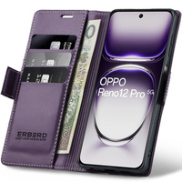 Case for Oppo Reno 12 Pro, ERBORD Glossy Litchi, wallet with flap, purple