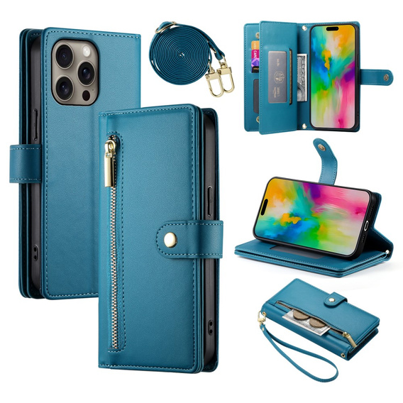 Flip case for iPhone 16 Pro Max, Wallet Zipper Pocket, blue