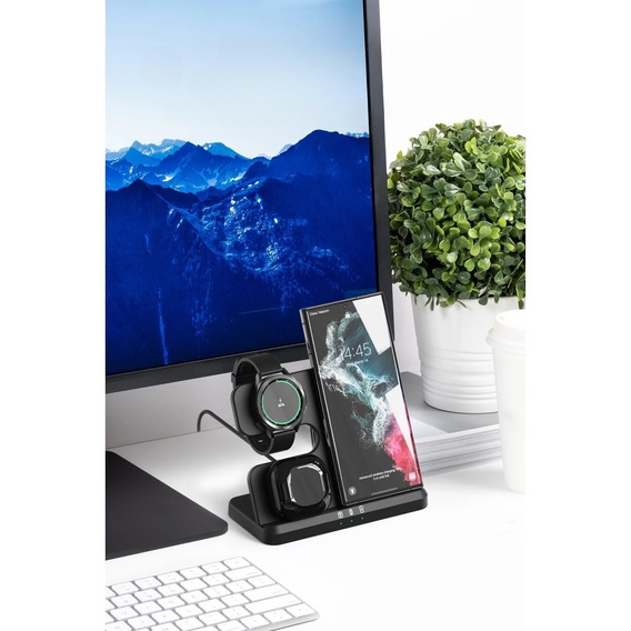 3-in-1 Wireless Induction Charger QI Fast Charger for Samsung S25 S24 S23 Galaxy Watch Buds Station Black