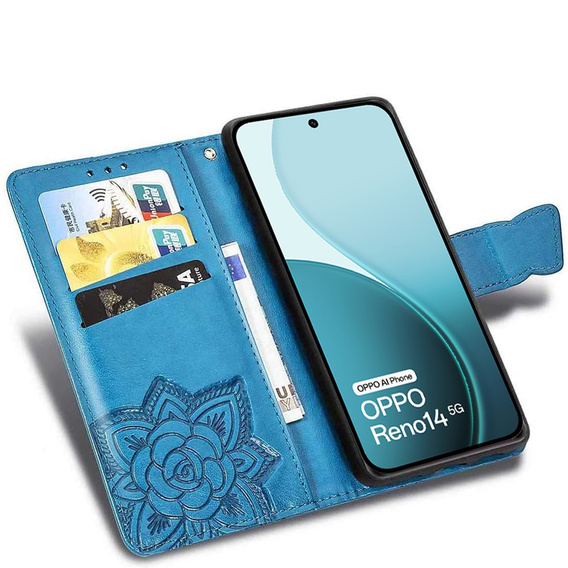 Flip case for Oppo Reno 14, Butterfly, wallet, blue