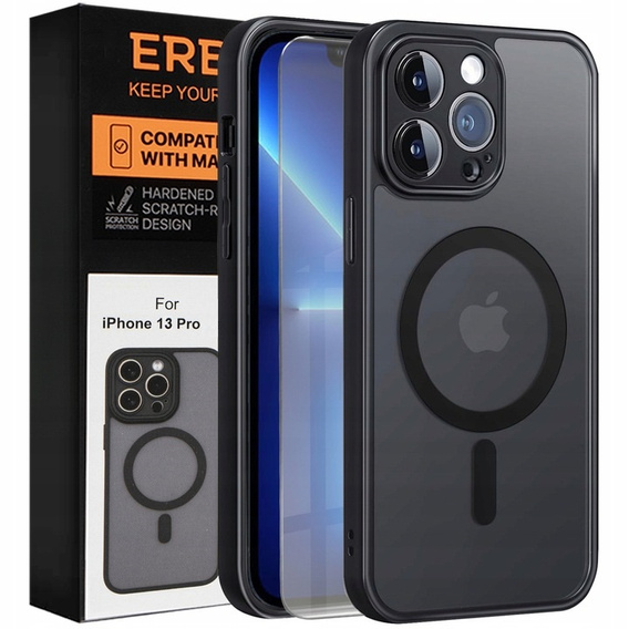 Case for iPhone 13 Pro, for MagSafe, ERBORD Matt Case, black + Screen Glass