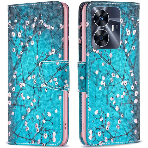 Flip case for Realme C55, Wallet, Sakura, blue