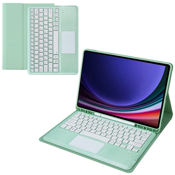 Case + keyboard Samsung Galaxy Tab S9+, Leather Pen Slot TouchPad, light green