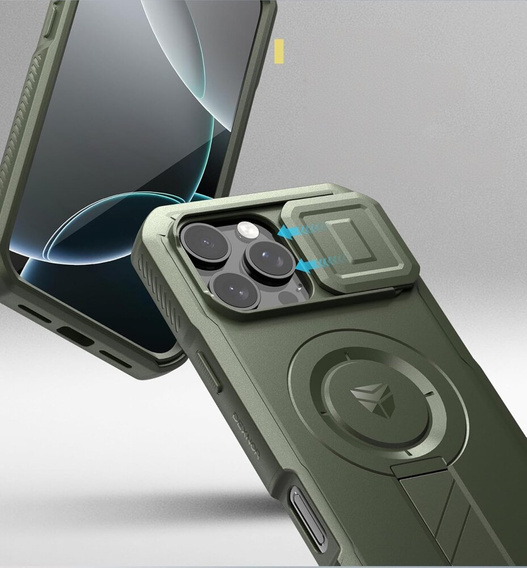 Armored case for iPhone 16 Pro Max, Dexnor CamProtect MagSafe, green (Two frames)