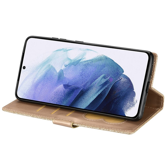 Flip case for Samsung Galaxy S24, Wallet Zipper Pocket Glittery, gold