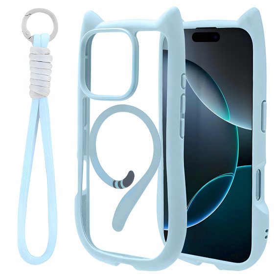Case for iPhone 16 Pro, for MagSafe, Cute Cat, blue + Screen Glass