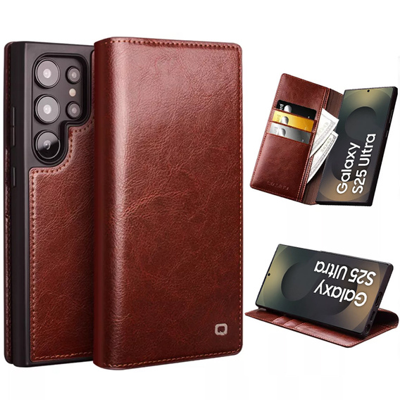 Flip case for Samsung Galaxy S25 Ultra, QIALINO Leather Wallet, dark brown