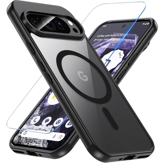 Case for Google Pixel 9 Pro, for MagSafe, ERBORD Matt Case, black + Screen Glass