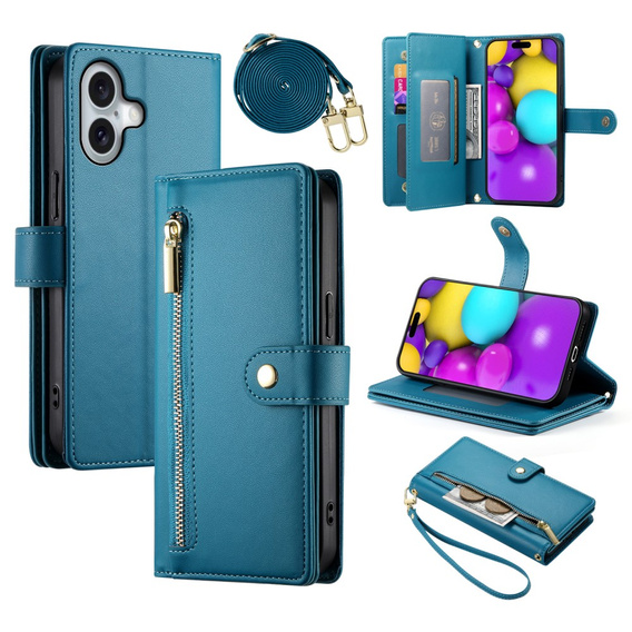 Flip case for iPhone 16, Wallet Zipper Pocket, blue