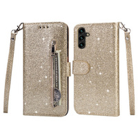 Flip case for Samsung Galaxy A35 5G, Wallet Zipper Pocket Glittery, gold