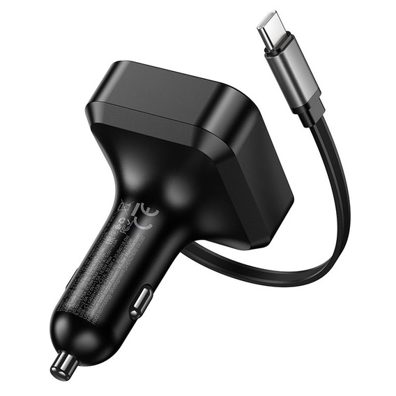Hoco car charger with triple output and retractable 65 W USB-C cable