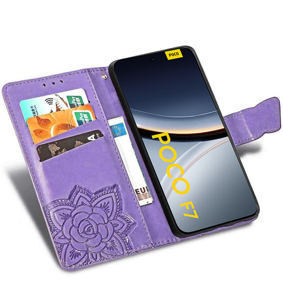 Flip case for Xiaomi Poco F7, Butterfly, purple