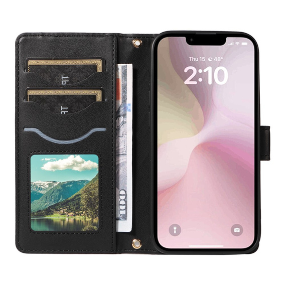 Flip case for iPhone 16E, Rhombus Crossbody Leather, black