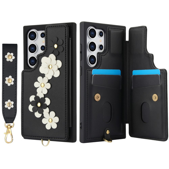 Case for Samsung Galaxy S25 Ultra, Leather Flower Card Slot, black