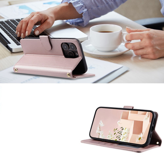 Flip case for iPhone 16 Pro, Rhombus Crossbody Leather, pink rose gold
