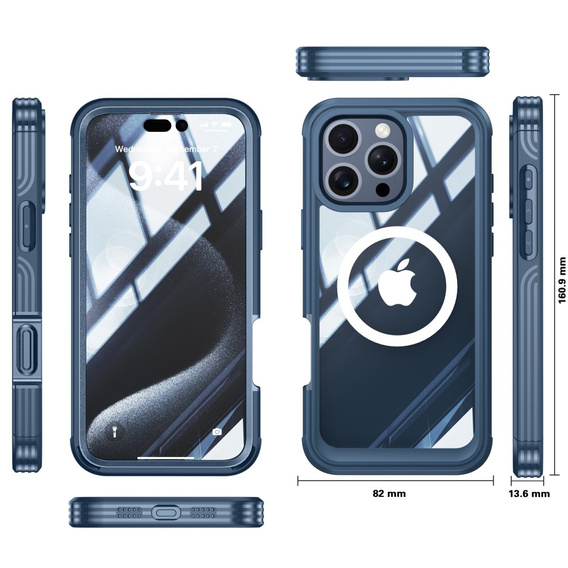 Case for iPhone 16 Pro, Shockproof, with glass, for MagSafe, dark blue