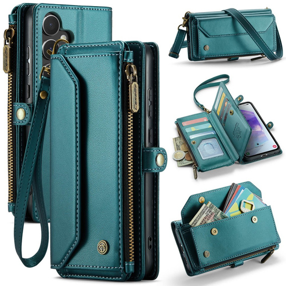 Case CASEME for Samsung Galaxy A55 5G, RFID Leather Wallet, with shoulder strap, green