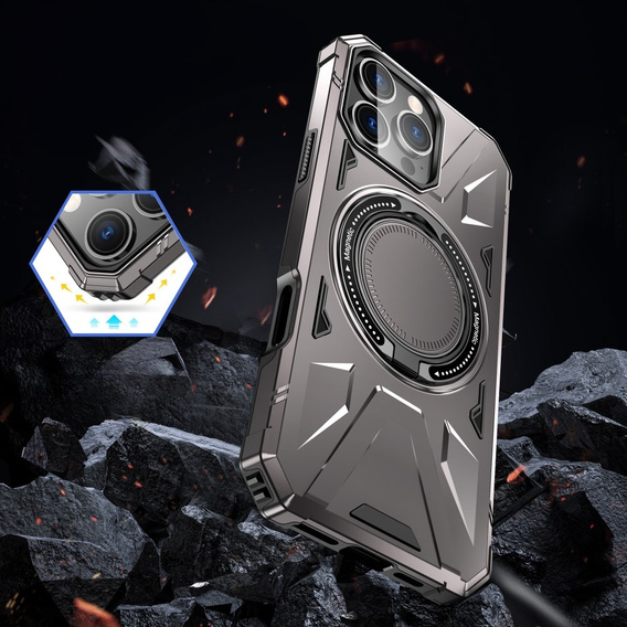 Case for iPhone 16 Pro, armored with stand and handle plate, grey