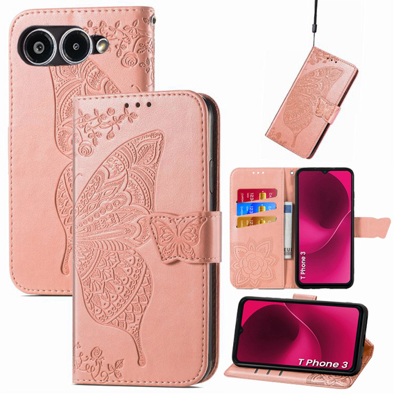 Flip case for T Phone 3 5G, Butterfly, pink rose gold