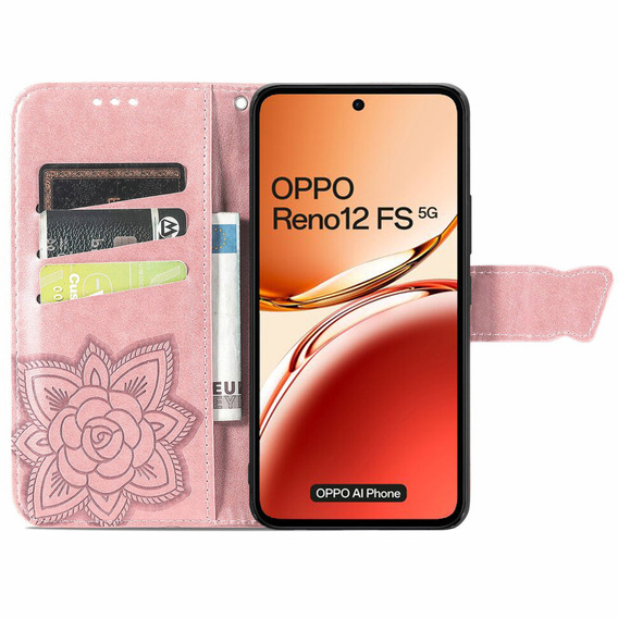 Flip case for Oppo Reno 12FS / 12F, Butterfly, pink rose gold