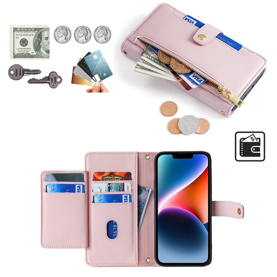 Flip case for iPhone 14, Wallet Zipper Pocket, pink