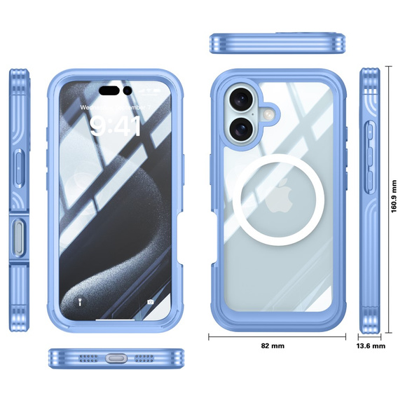 Case for iPhone 16, Shockproof, with glass, for MagSafe, blue