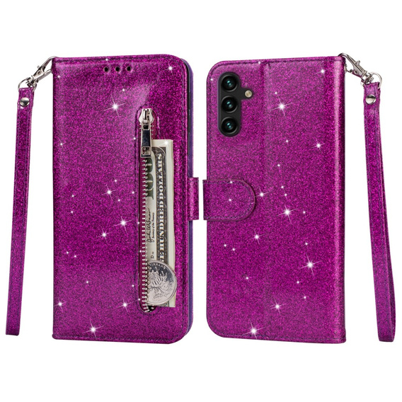 Flip case for Samsung Galaxy A35 5G, Wallet Zipper Pocket Glittery, purple