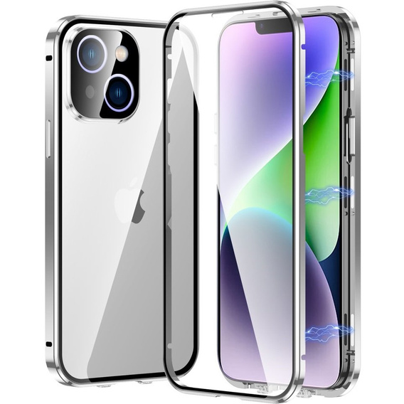 Case for iPhone 15 Plus, Magnetic Dual Glass, silver