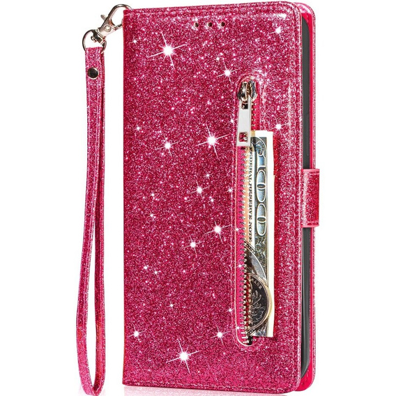 Flip case for Samsung Galaxy A55, Wallet Zipper Pocket Glittery, pink